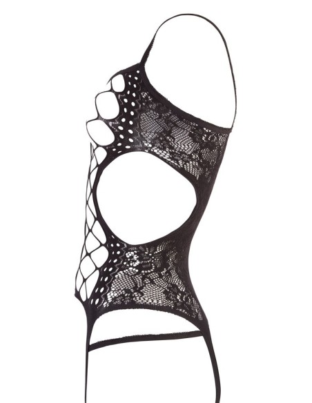 BODYSTOCKING NERO CON DECORAZIONI FLOREALI - TAGLIA UNICA