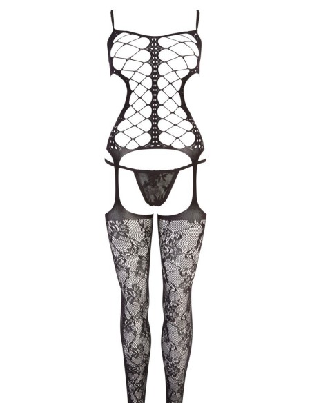 BODYSTOCKING NERO CON DECORAZIONI FLOREALI - TAGLIA UNICA