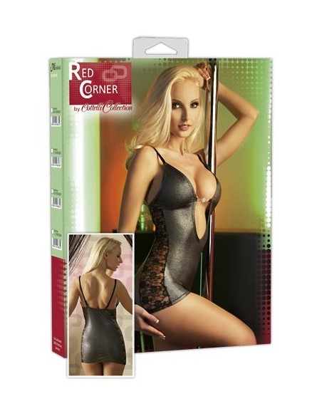 MINI ABITO NERO LUCIDO CON BANDE IN PIZZO