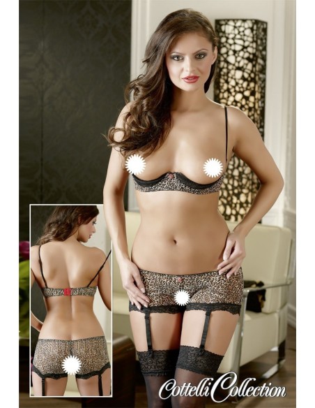 COMPLETO INTIMO LEOPARDATO REGGISENO MEZZA COPPA E CULOTTE APERTE "LEONA"