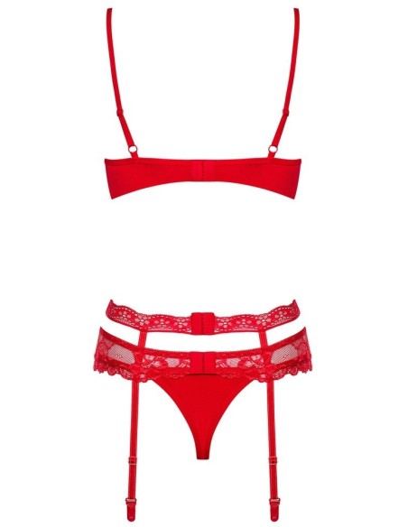 Reggiseno, reggicalze e perizoma rio in un set di seduzione in 3 pezzi con pizzo nobile e gioielli scintillanti di strass